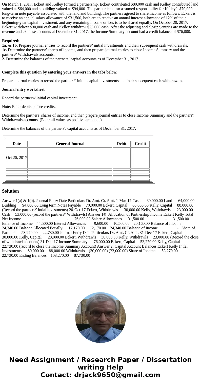 On March 1, 2017, Eckert and Kelley formed a partnership. Eckert contributed $80,000 cash and Kelley contributed land valued at $64,000 and a building valued at