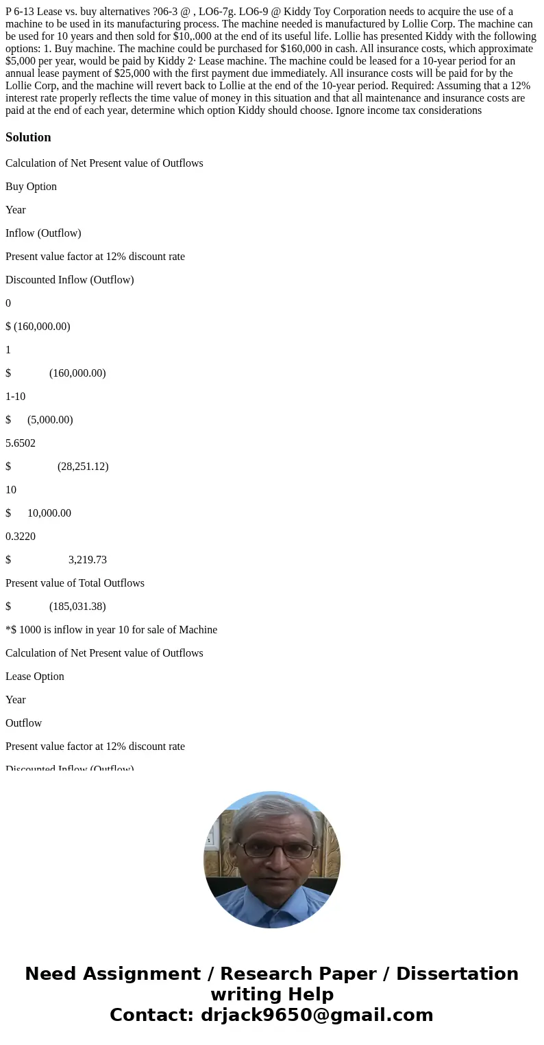  P 6-13 Lease vs. buy alternatives ?06-3 @ , LO6-7g. LO6-9 @ Kiddy Toy Corporation needs to acquire the use of a machine to be used in its manufacturing process