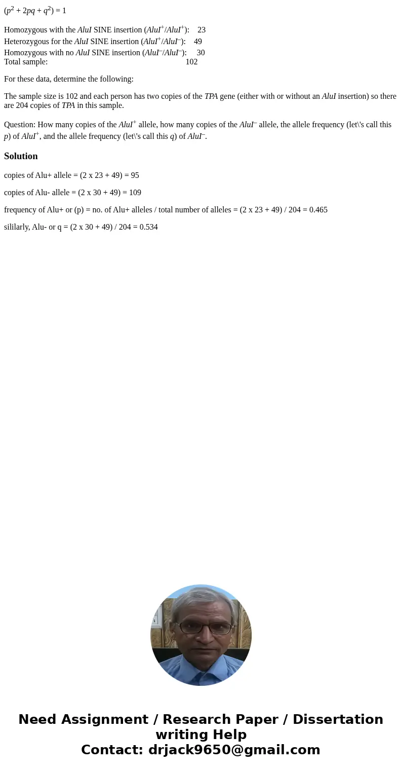 (p2 + 2pq + q2) = 1 Homozygous with the AluI SINE insertion (AluI+/AluI+): 23 Heterozygous for the AluI SINE insertion (AluI+/AluI–): 49 Homozygous with no AluI (p2 + 2pq + q2) = 1 Homozygous with the AluI SINE insertion (AluI+/AluI+): 23 Heterozygous for the AluI SINE insertion (AluI+/AluI–): 49 Homozygous with no AluI