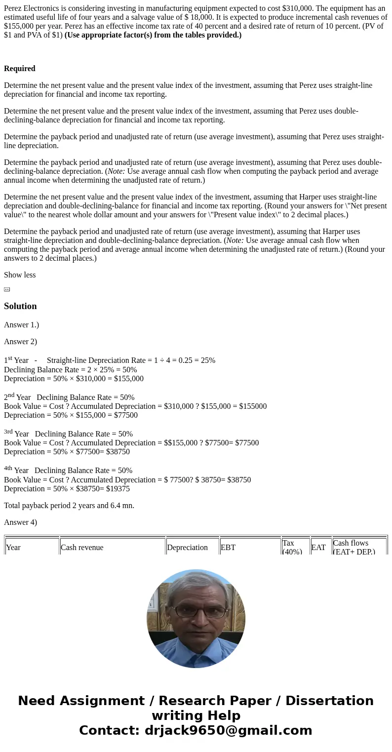 Perez Electronics is considering investing in manufacturing equipment expected to cost $310,000. The equipment has an estimated useful life of four years and a 