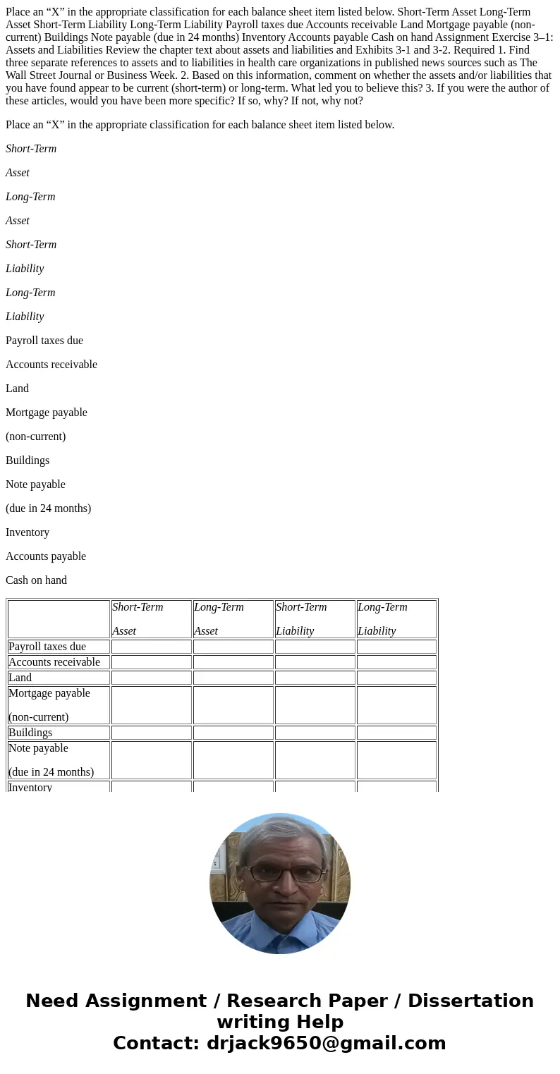 Place an “X” in the appropriate classification for each balance sheet item listed below. Short-Term Asset Long-Term Asset Short-Term Liability Long-Term Liabili Place an “X” in the appropriate classification for each balance sheet item listed below. Short-Term Asset Long-Term Asset Short-Term Liability Long-Term Liabili