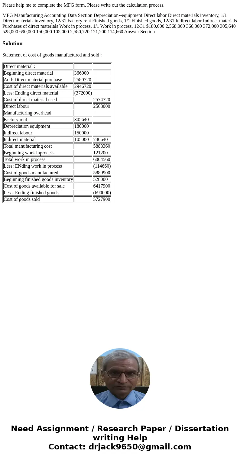 Please help me to complete the MFG form. Please write out the calculation process. MFG Manufacturing Accounting Data Section Depreciation--equipment Direct labo Please help me to complete the MFG form. Please write out the calculation process. MFG Manufacturing Accounting Data Section Depreciation--equipment Direct labo