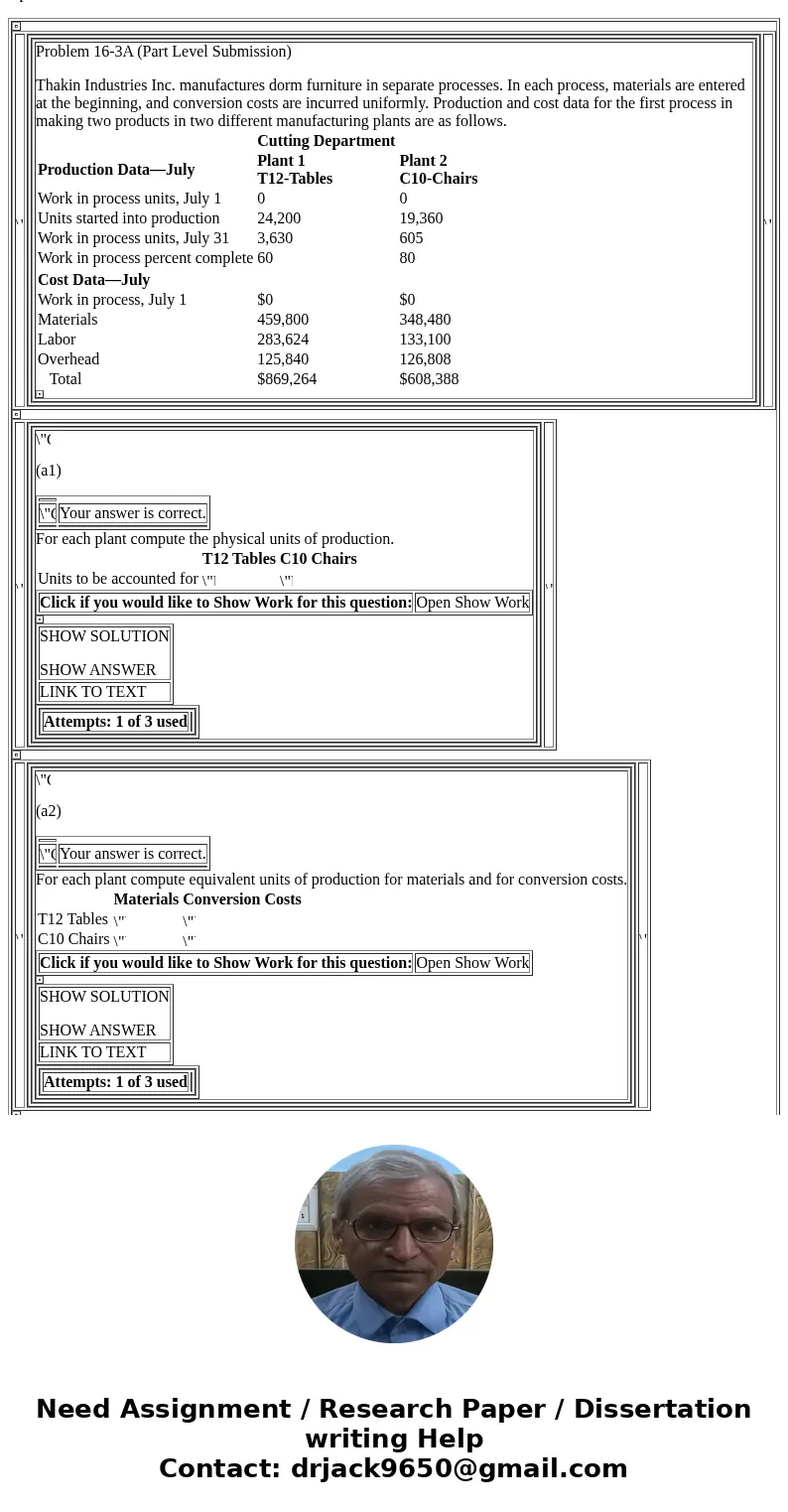 Problem 16-3A (Part Level Submission) Cutting Department Production Data—July Plant 1 T12-Tables Plant 2 C10-Chairs Cost Data—July (a1) T12 Tables C10 Chairs Op