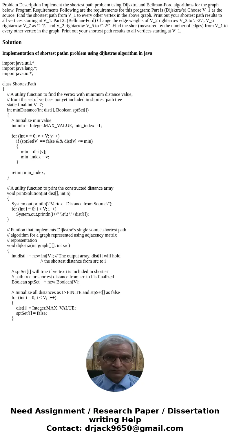  Problem Description Implement the shortest path problem using Dijsktra and Bellman-Ford algorithms for the graph below. Program Requirements Following are the 