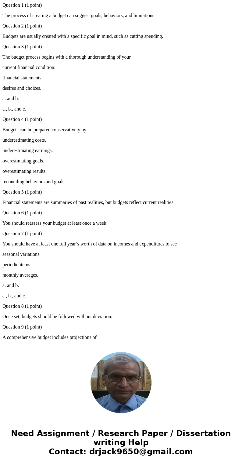 Question 1 (1 point) The process of creating a budget can suggest goals, behaviors, and limitations Question 2 (1 point) Budgets are usually created with a spec Question 1 (1 point) The process of creating a budget can suggest goals, behaviors, and limitations Question 2 (1 point) Budgets are usually created with a spec