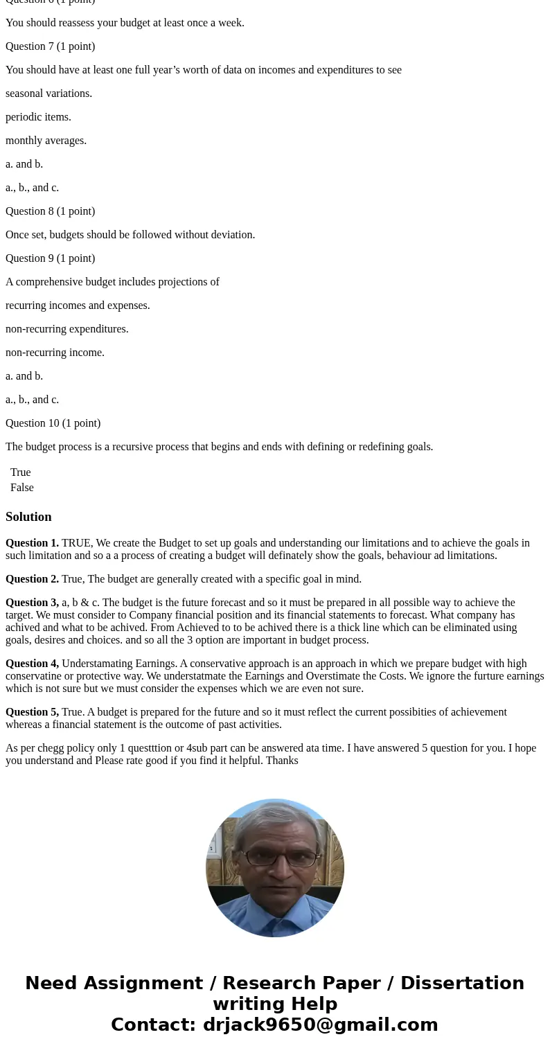 Question 1 (1 point) The process of creating a budget can suggest goals, behaviors, and limitations Question 2 (1 point) Budgets are usually created with a spec Question 1 (1 point) The process of creating a budget can suggest goals, behaviors, and limitations Question 2 (1 point) Budgets are usually created with a spec