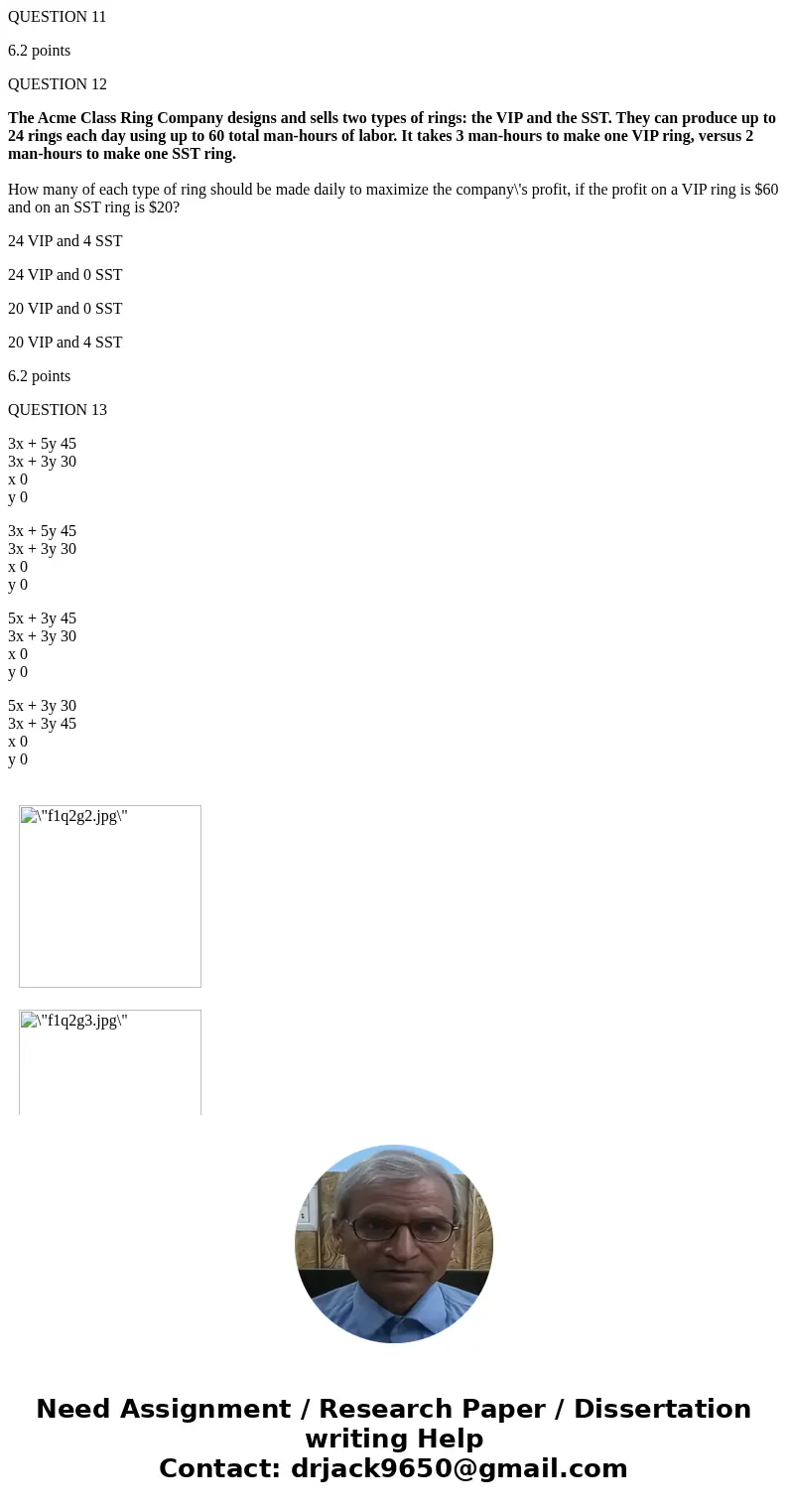 QUESTION 11 6.2 points QUESTION 12 The Acme Class Ring Company designs and sells two types of rings: the VIP and the SST. They can produce up to 24 rings each d