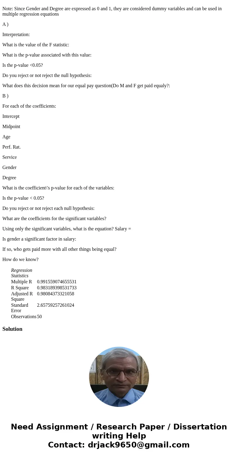 Question 2) Below is a regression analysis for salary being predicted/explained by the other variables in our sample (Midpoint, age, performance rating, service Question 2) Below is a regression analysis for salary being predicted/explained by the other variables in our sample (Midpoint, age, performance rating, service