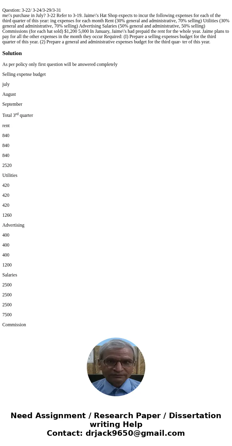Question: 3-22/ 3-24/3-29/3-31 me\'s purchase in July? 3-22 Refer to 3-19. Jaime\'s Hat Shop expects to incur the following expenses for each of the third quar  Question: 3-22/ 3-24/3-29/3-31 me\'s purchase in July? 3-22 Refer to 3-19. Jaime\'s Hat Shop expects to incur the following expenses for each of the third quar
