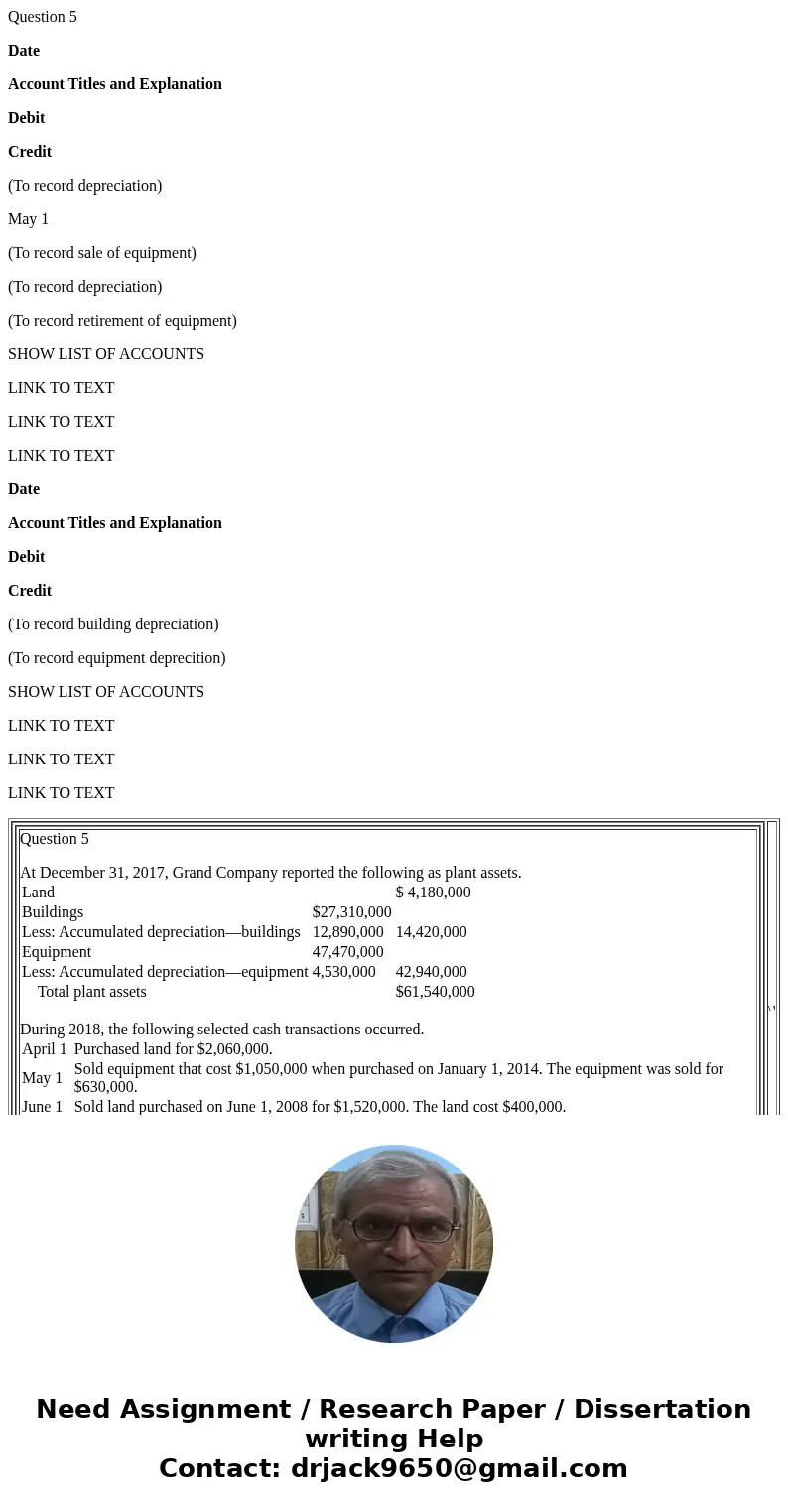 Question 5 Date Account Titles and Explanation Debit Credit (To record depreciation) May 1 (To record sale of equipment) (To record depreciation) (To record ret