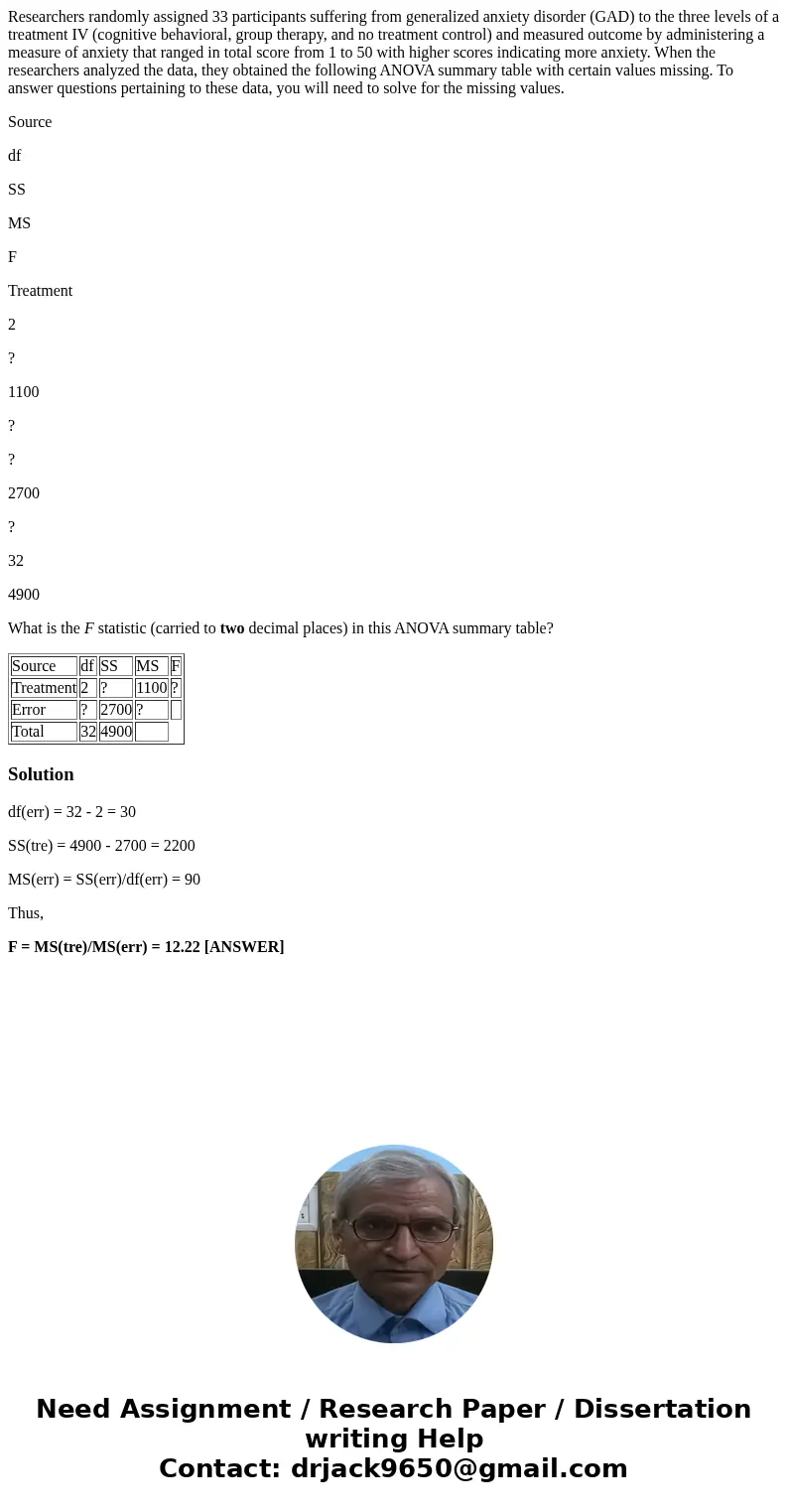 Researchers randomly assigned 33 participants suffering from generalized anxiety disorder (GAD) to the three levels of a treatment IV (cognitive behavioral, gro Researchers randomly assigned 33 participants suffering from generalized anxiety disorder (GAD) to the three levels of a treatment IV (cognitive behavioral, gro