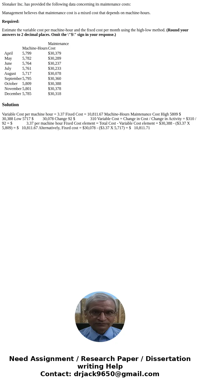 Slonaker Inc. has provided the following data concerning its maintenance costs: Management believes that maintenance cost is a mixed cost that depends on machin