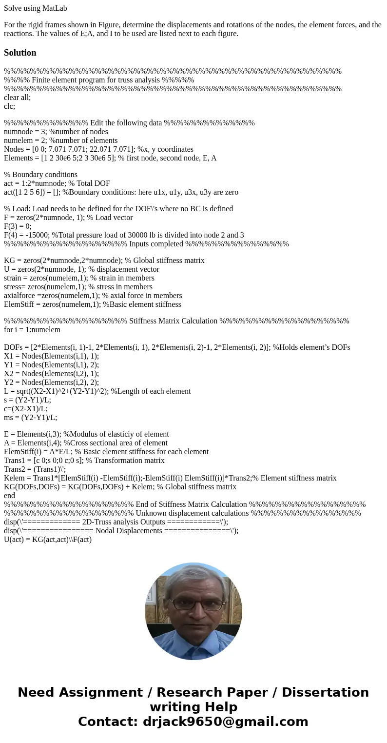 Solve using MatLab For the rigid frames shown in Figure, determine the displacements and rotations of the nodes, the element forces, and the reactions. The valu Solve using MatLab For the rigid frames shown in Figure, determine the displacements and rotations of the nodes, the element forces, and the reactions. The valu