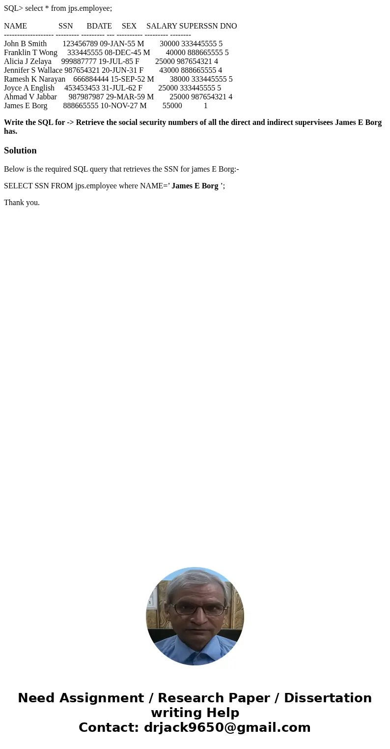 SQL> select * from jps.employee; NAME SSN BDATE SEX SALARY SUPERSSN DNO ------------------- --------- --------- --- ---------- --------- -------- John B Smit SQL> select * from jps.employee; NAME SSN BDATE SEX SALARY SUPERSSN DNO ------------------- --------- --------- --- ---------- --------- -------- John B Smit