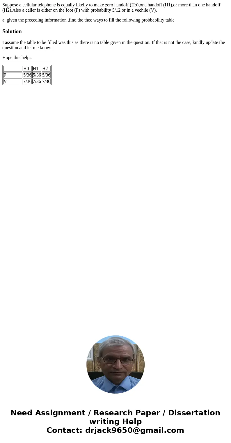 Suppose a cellular telephone is equally likeliy to make zero handoff (Ho),one handoff (H1),or more than one handoff (H2).Also a caller is either on the foot (F)