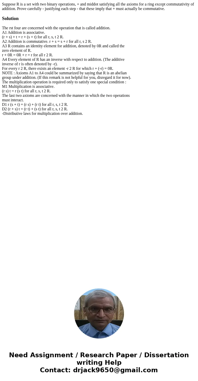 Suppose R is a set with two binary operations, + and middot satisfying all the axioms for a ring except commutativity of addition. Prove carefully - justifying  Suppose R is a set with two binary operations, + and middot satisfying all the axioms for a ring except commutativity of addition. Prove carefully - justifying