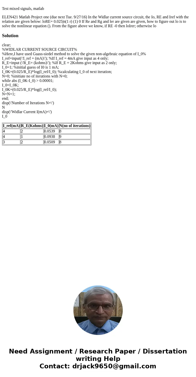  Test mixed signals, matlab ELEN421 Matlab Project one (due next Tue. 9/27/16) In the Widlar current source circuit, the Io, RE and Iref with the relation are g