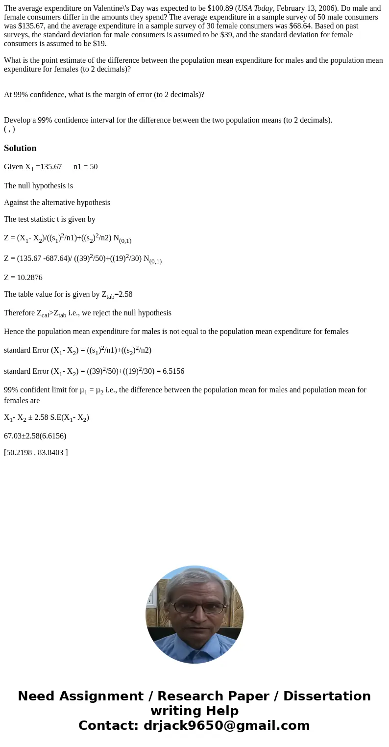 The average expenditure on Valentine\'s Day was expected to be $100.89 (USA Today, February 13, 2006). Do male and female consumers differ in the amounts they s The average expenditure on Valentine\'s Day was expected to be $100.89 (USA Today, February 13, 2006). Do male and female consumers differ in the amounts they s