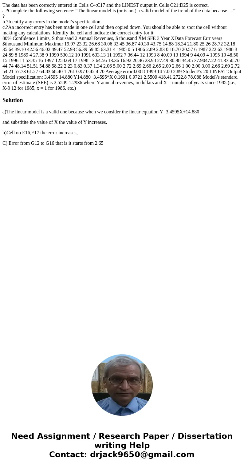 The data has been correctly entered in Cells C4:C17 and the LINEST output in Cells C21:D25 is correct. a.?Complete the following sentence: “The linear model is  The data has been correctly entered in Cells C4:C17 and the LINEST output in Cells C21:D25 is correct. a.?Complete the following sentence: “The linear model is