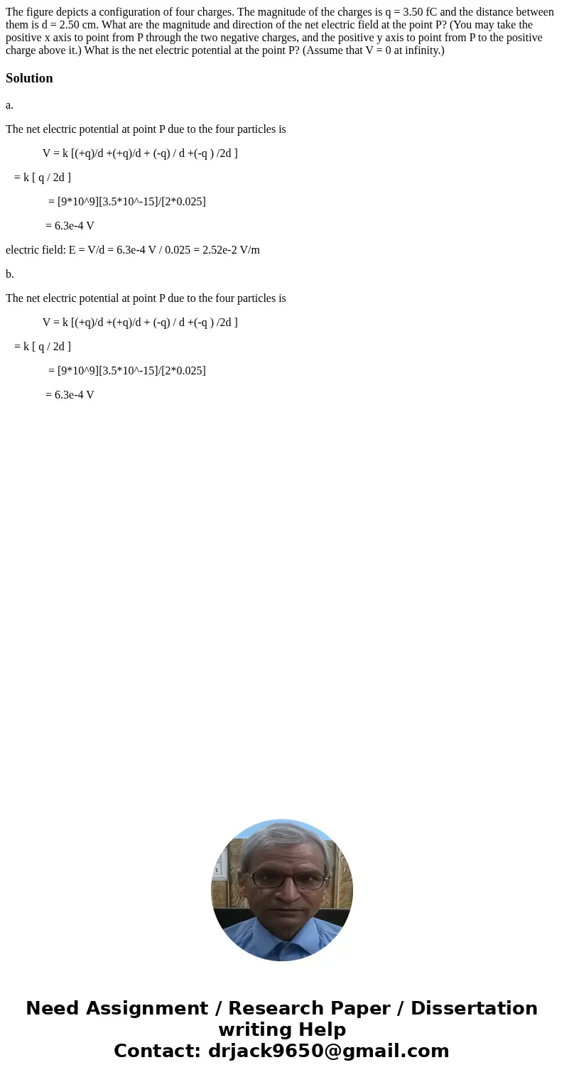 The figure depicts a configuration of four charges. The magnitude of the charges is q = 3.50 fC and the distance between them is d = 2.50 cm. What are the magn  The figure depicts a configuration of four charges. The magnitude of the charges is q = 3.50 fC and the distance between them is d = 2.50 cm. What are the magn