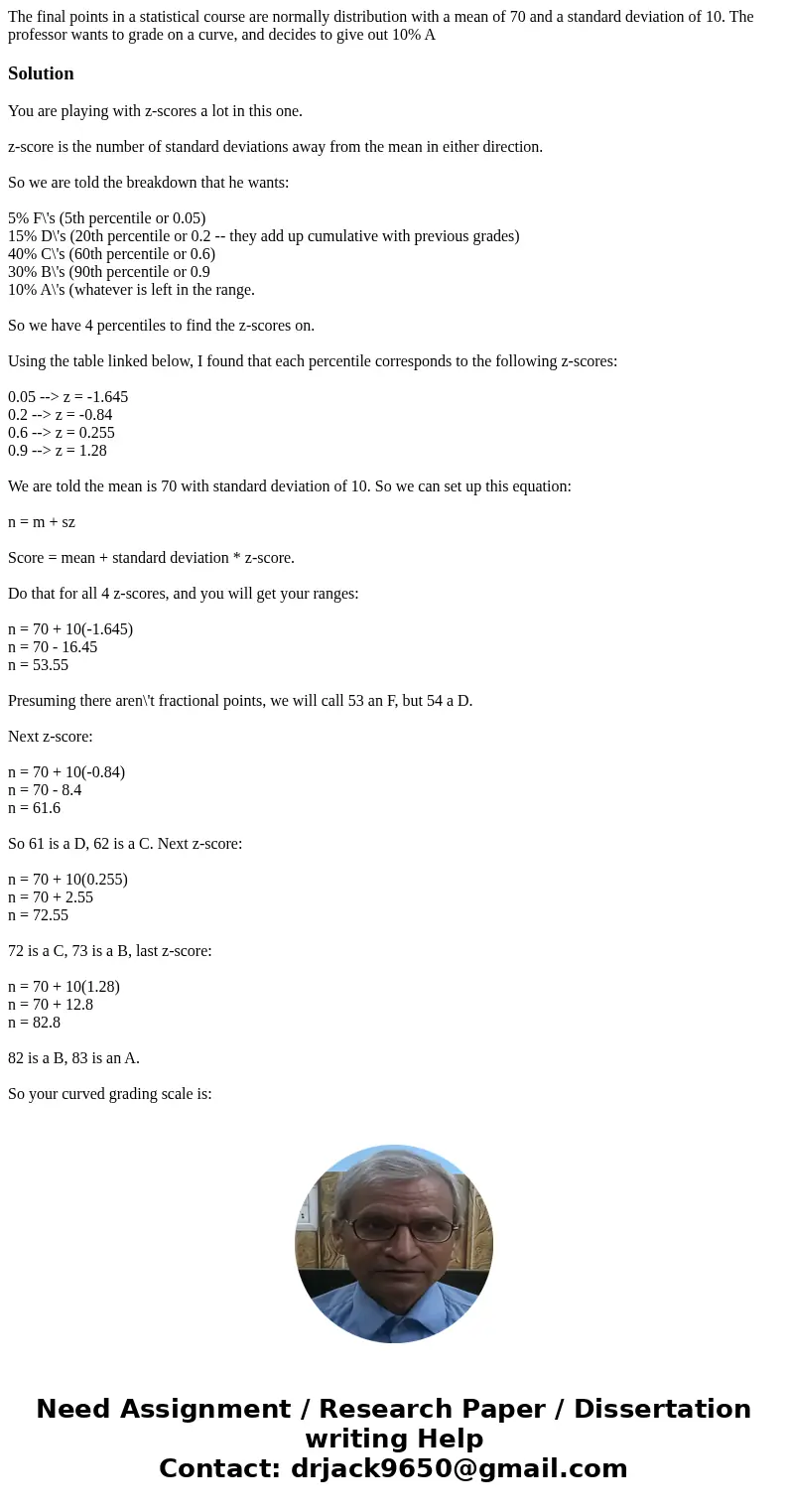 The final points in a statistical course are normally distribution with a mean of 70 and a standard deviation of 10. The professor wants to grade on a curve, an The final points in a statistical course are normally distribution with a mean of 70 and a standard deviation of 10. The professor wants to grade on a curve, an