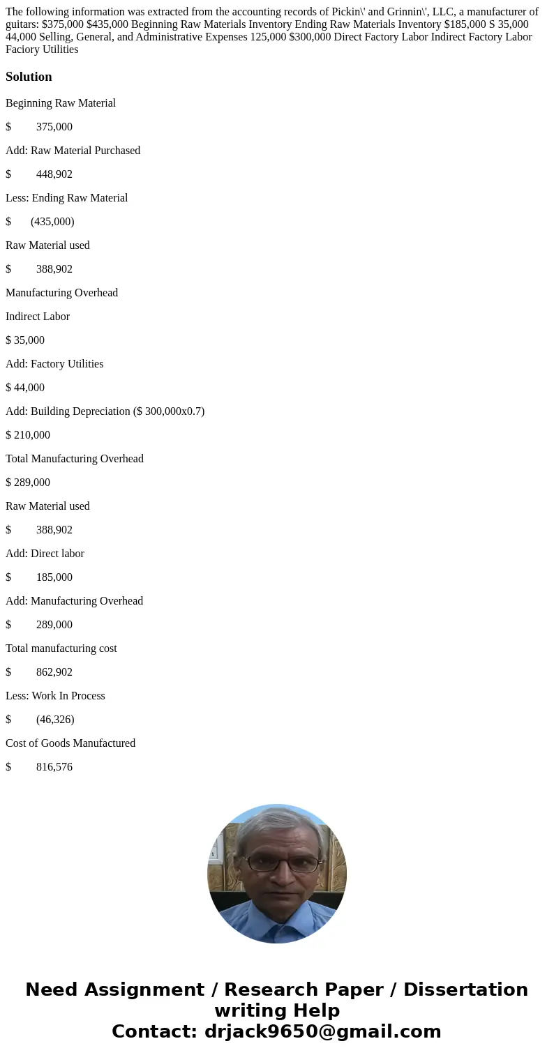 The following information was extracted from the accounting records of Pickin\' and Grinnin\', LLC, a manufacturer of guitars: $375,000 $435,000 Beginning Raw   The following information was extracted from the accounting records of Pickin\' and Grinnin\', LLC, a manufacturer of guitars: $375,000 $435,000 Beginning Raw