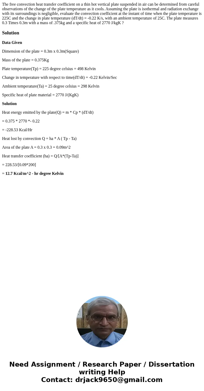 The free convection heat transfer coefficient on a thin hot vertical plate suspended in air can be determined from careful observations of the change of the pl  The free convection heat transfer coefficient on a thin hot vertical plate suspended in air can be determined from careful observations of the change of the pl