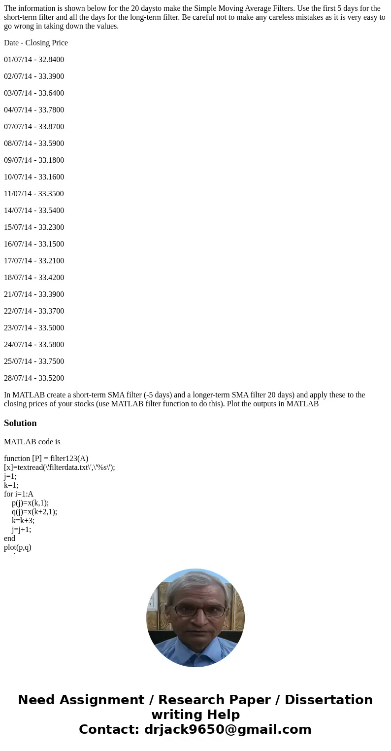 The information is shown below for the 20 daysto make the Simple Moving Average Filters. Use the first 5 days for the short-term filter and all the days for the The information is shown below for the 20 daysto make the Simple Moving Average Filters. Use the first 5 days for the short-term filter and all the days for the