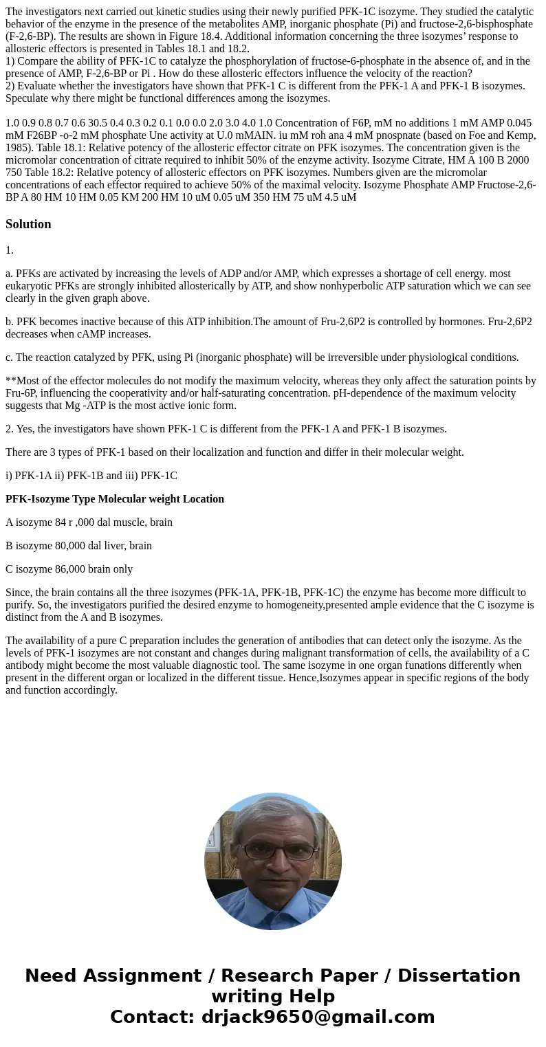 The investigators next carried out kinetic studies using their newly purified PFK-1C isozyme. They studied the catalytic behavior of the enzyme in the presence  The investigators next carried out kinetic studies using their newly purified PFK-1C isozyme. They studied the catalytic behavior of the enzyme in the presence
