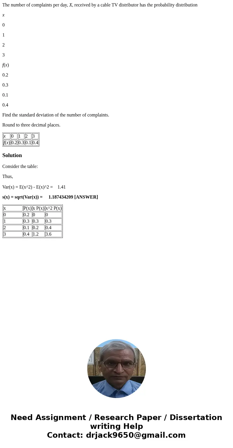 The number of complaints per day, X, received by a cable TV distributor has the probability distribution x 0 1 2 3 f(x) 0.2 0.3 0.1 0.4 Find the standard deviat The number of complaints per day, X, received by a cable TV distributor has the probability distribution x 0 1 2 3 f(x) 0.2 0.3 0.1 0.4 Find the standard deviat