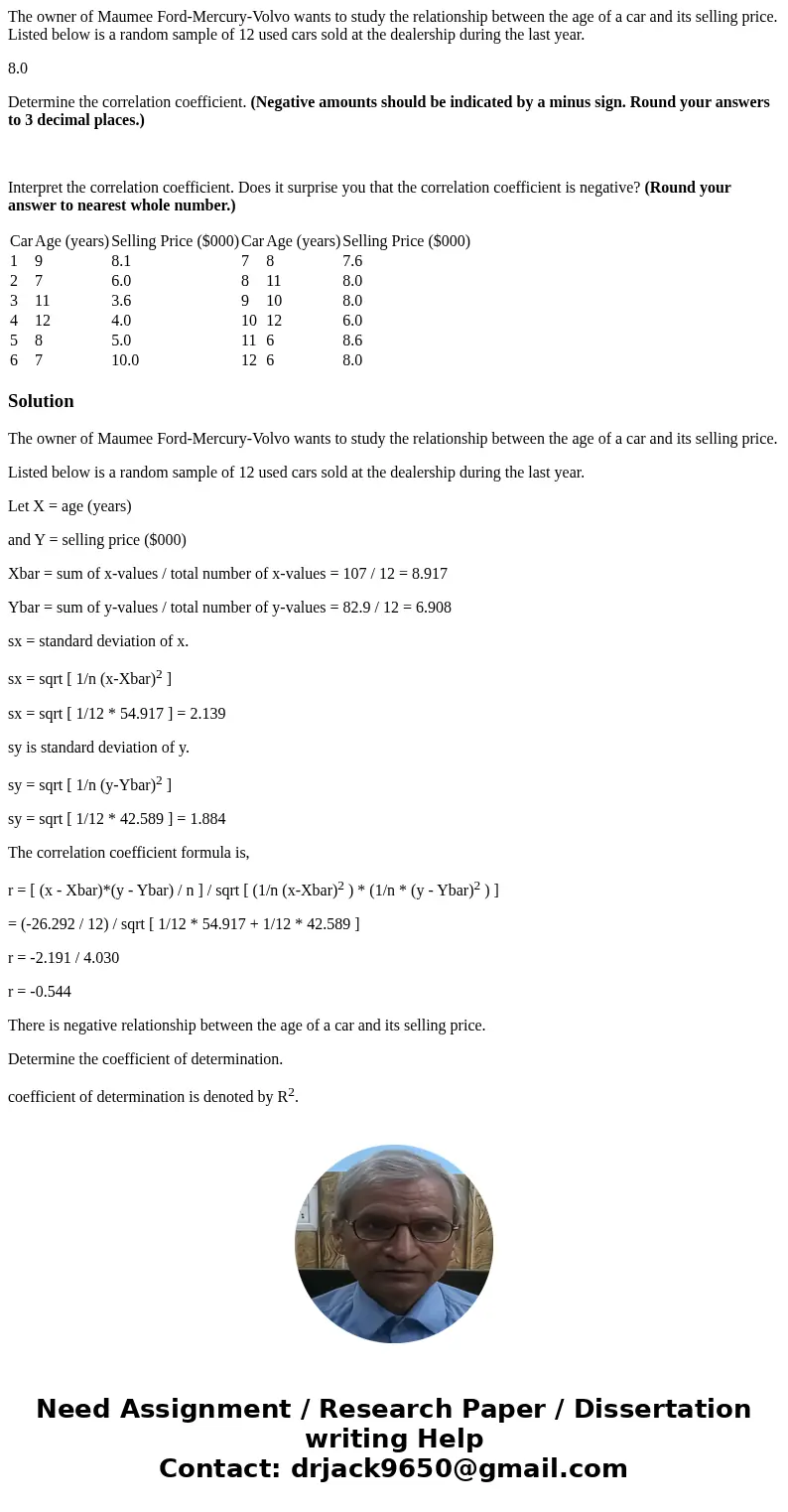 The owner of Maumee Ford-Mercury-Volvo wants to study the relationship between the age of a car and its selling price. Listed below is a random sample of 12 use The owner of Maumee Ford-Mercury-Volvo wants to study the relationship between the age of a car and its selling price. Listed below is a random sample of 12 use