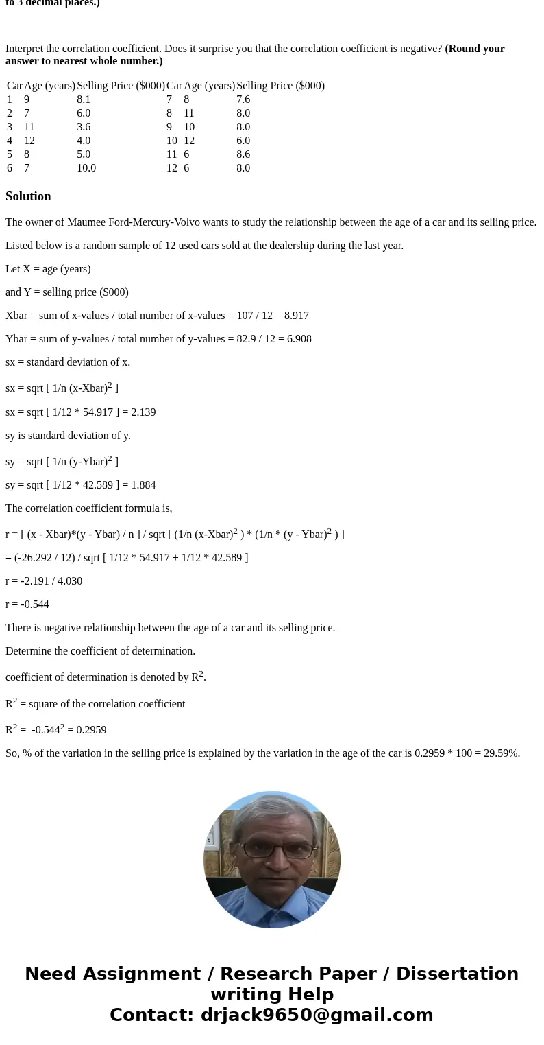 The owner of Maumee Ford-Mercury-Volvo wants to study the relationship between the age of a car and its selling price. Listed below is a random sample of 12 use The owner of Maumee Ford-Mercury-Volvo wants to study the relationship between the age of a car and its selling price. Listed below is a random sample of 12 use