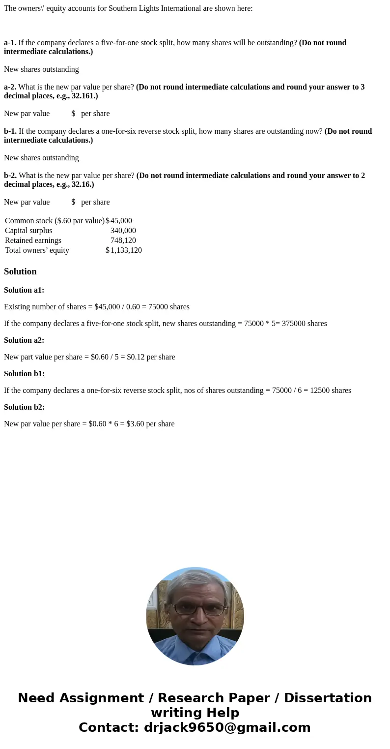 The owners\' equity accounts for Southern Lights International are shown here: a-1. If the company declares a five-for-one stock split, how many shares will be 