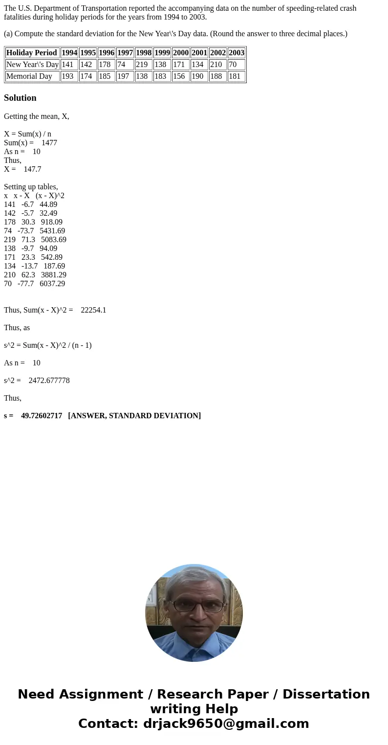 The U.S. Department of Transportation reported the accompanying data on the number of speeding-related crash fatalities during holiday periods for the years fro The U.S. Department of Transportation reported the accompanying data on the number of speeding-related crash fatalities during holiday periods for the years fro
