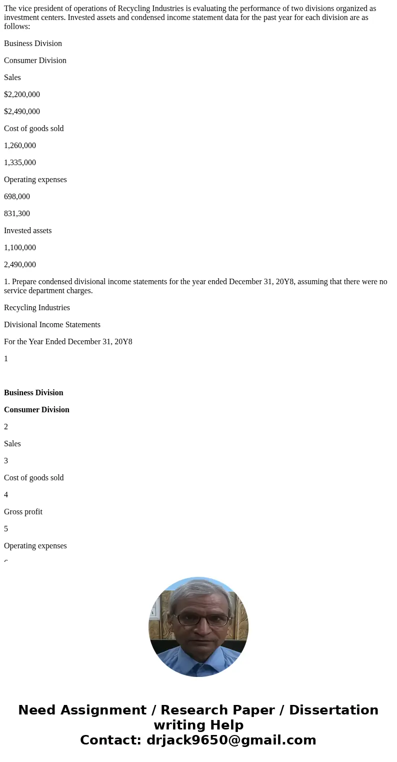 The vice president of operations of Recycling Industries is evaluating the performance of two divisions organized as investment centers. Invested assets and con The vice president of operations of Recycling Industries is evaluating the performance of two divisions organized as investment centers. Invested assets and con