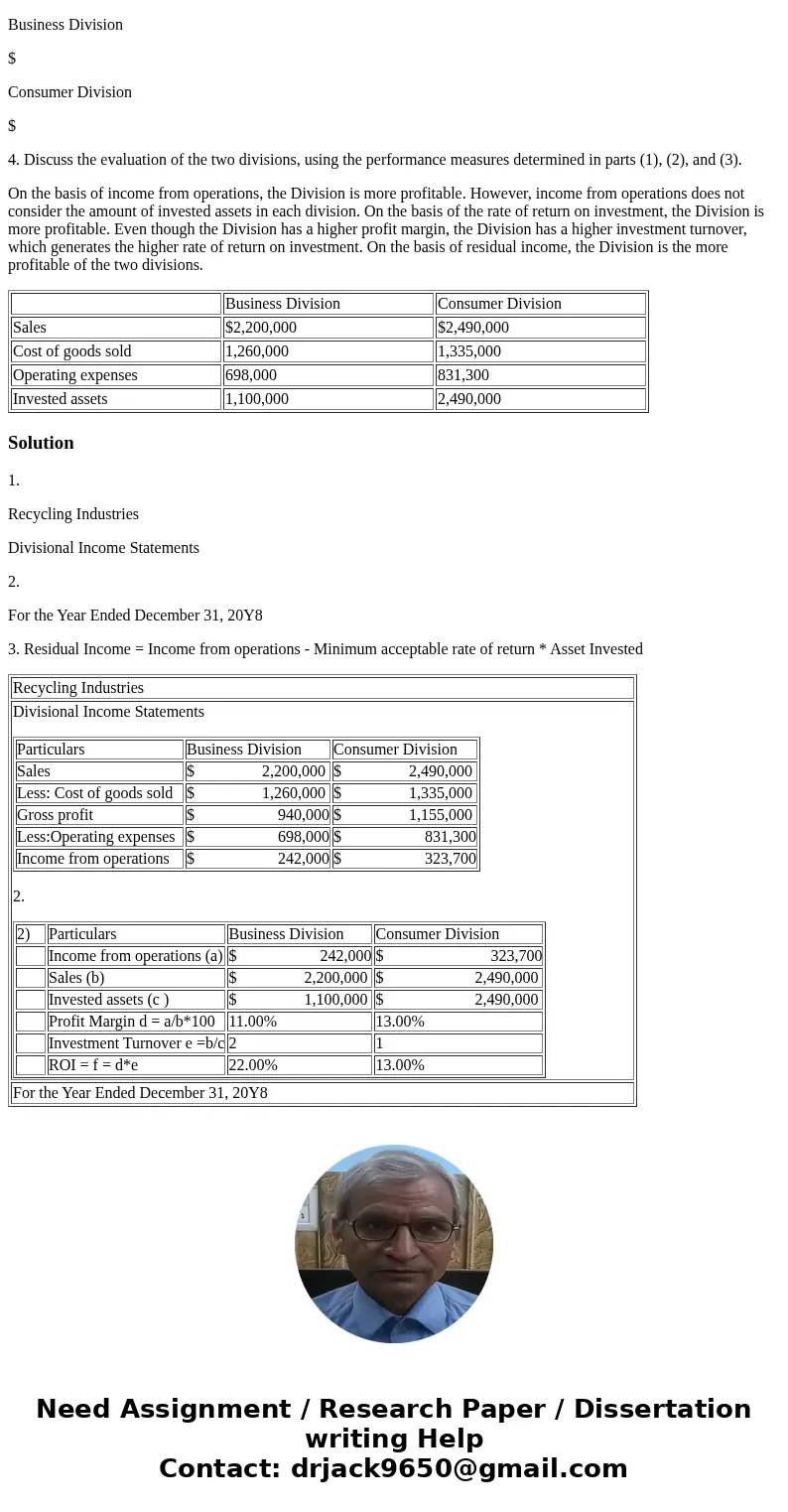 The vice president of operations of Recycling Industries is evaluating the performance of two divisions organized as investment centers. Invested assets and con The vice president of operations of Recycling Industries is evaluating the performance of two divisions organized as investment centers. Invested assets and con
