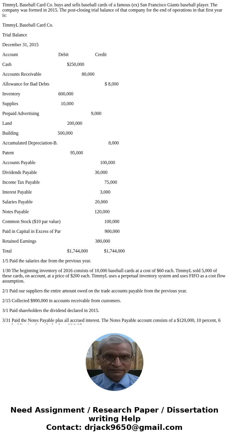 TimmyL Baseball Card Co. buys and sells baseball cards of a famous (ex) San Francisco Giants baseball player. The company was formed in 2015. The post-closing t
