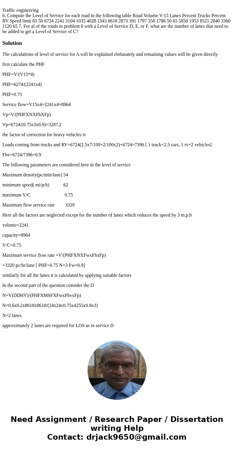  Traffic engineering 6. Compute the Level of Service for each road in the following table Road Volume V-15 Lanes Percent Trucks Percent RV Speed limit 65 50 672