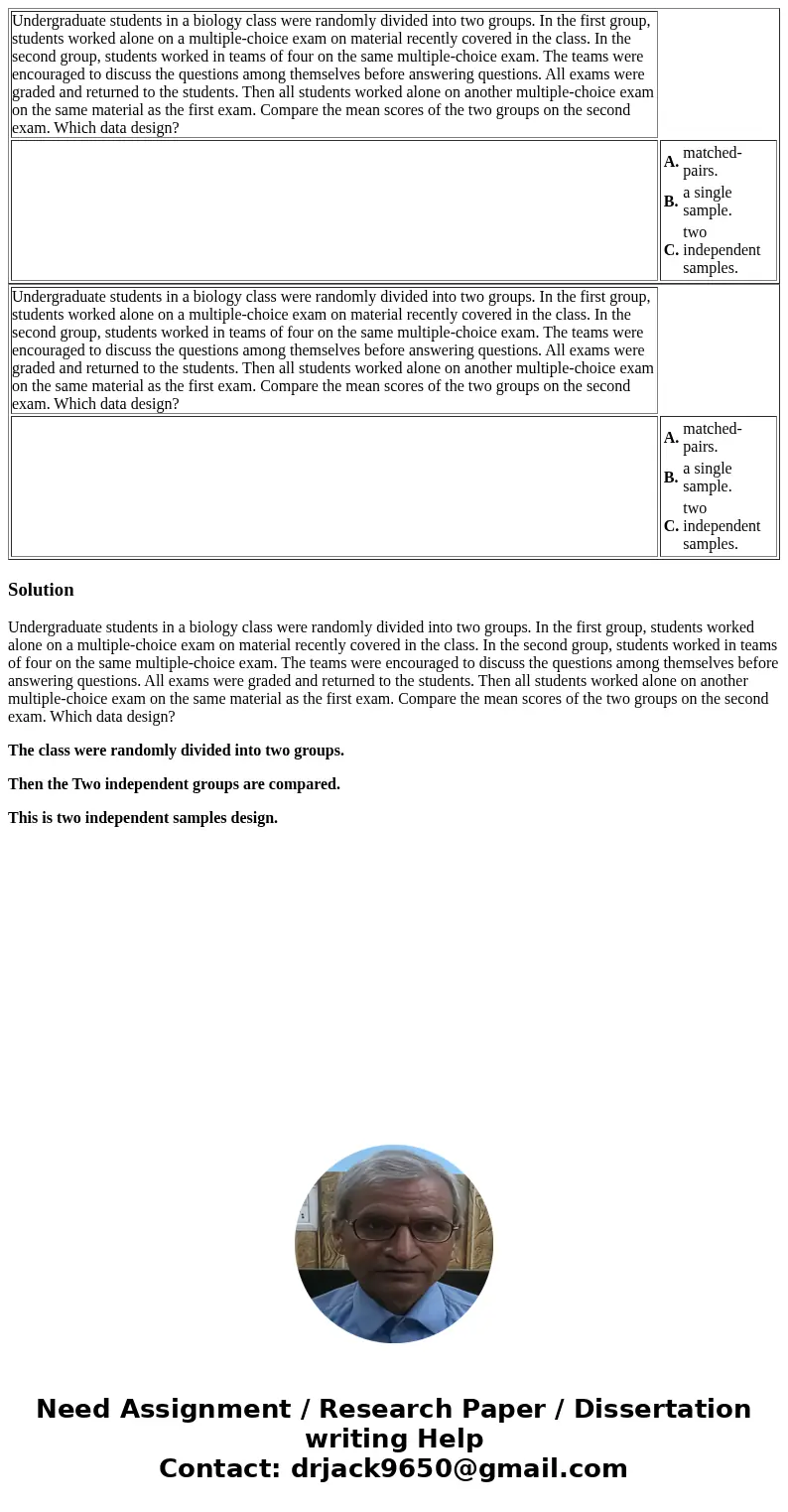 Undergraduate students in a biology class were randomly divided into two groups. In the first group, students worked alone on a multiple-choice exam on materia  Undergraduate students in a biology class were randomly divided into two groups. In the first group, students worked alone on a multiple-choice exam on materia