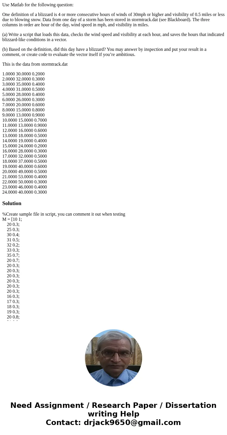 Use Matlab for the following question: One definition of a blizzard is 4 or more consecutive hours of winds of 30mph or higher and visibility of 0.5 miles or le