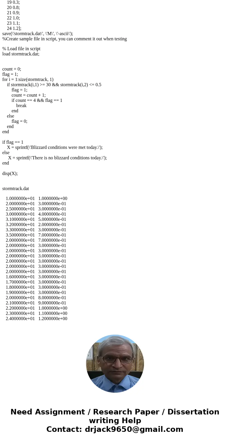 Use Matlab for the following question: One definition of a blizzard is 4 or more consecutive hours of winds of 30mph or higher and visibility of 0.5 miles or le