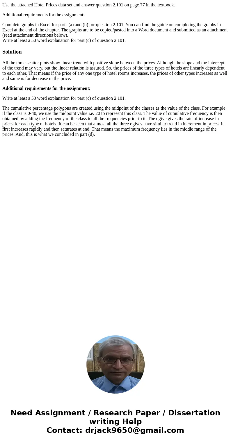 Use the attached Hotel Prices data set and answer question 2.101 on page 77 in the textbook. Additional requirements for the assignment: Complete graphs in Exce Use the attached Hotel Prices data set and answer question 2.101 on page 77 in the textbook. Additional requirements for the assignment: Complete graphs in Exce