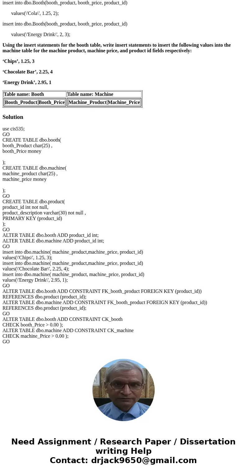 Use the cis535 database you previously created. Use T-SQL to alter the booth and machine tables. Add a foreign key constraint to each table for the product_id r Use the cis535 database you previously created. Use T-SQL to alter the booth and machine tables. Add a foreign key constraint to each table for the product_id r
