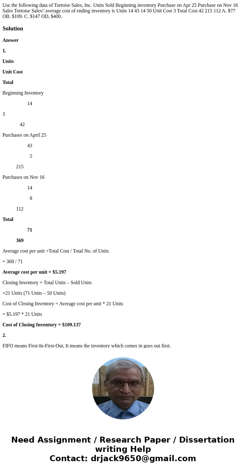 Use the following data of Tortoise Sales, Inc. Units Sold Beginning inventory Purchase on Apr 25 Purchase on Nov 16 Sales Tortoise Sales\' average cost of endi  Use the following data of Tortoise Sales, Inc. Units Sold Beginning inventory Purchase on Apr 25 Purchase on Nov 16 Sales Tortoise Sales\' average cost of endi