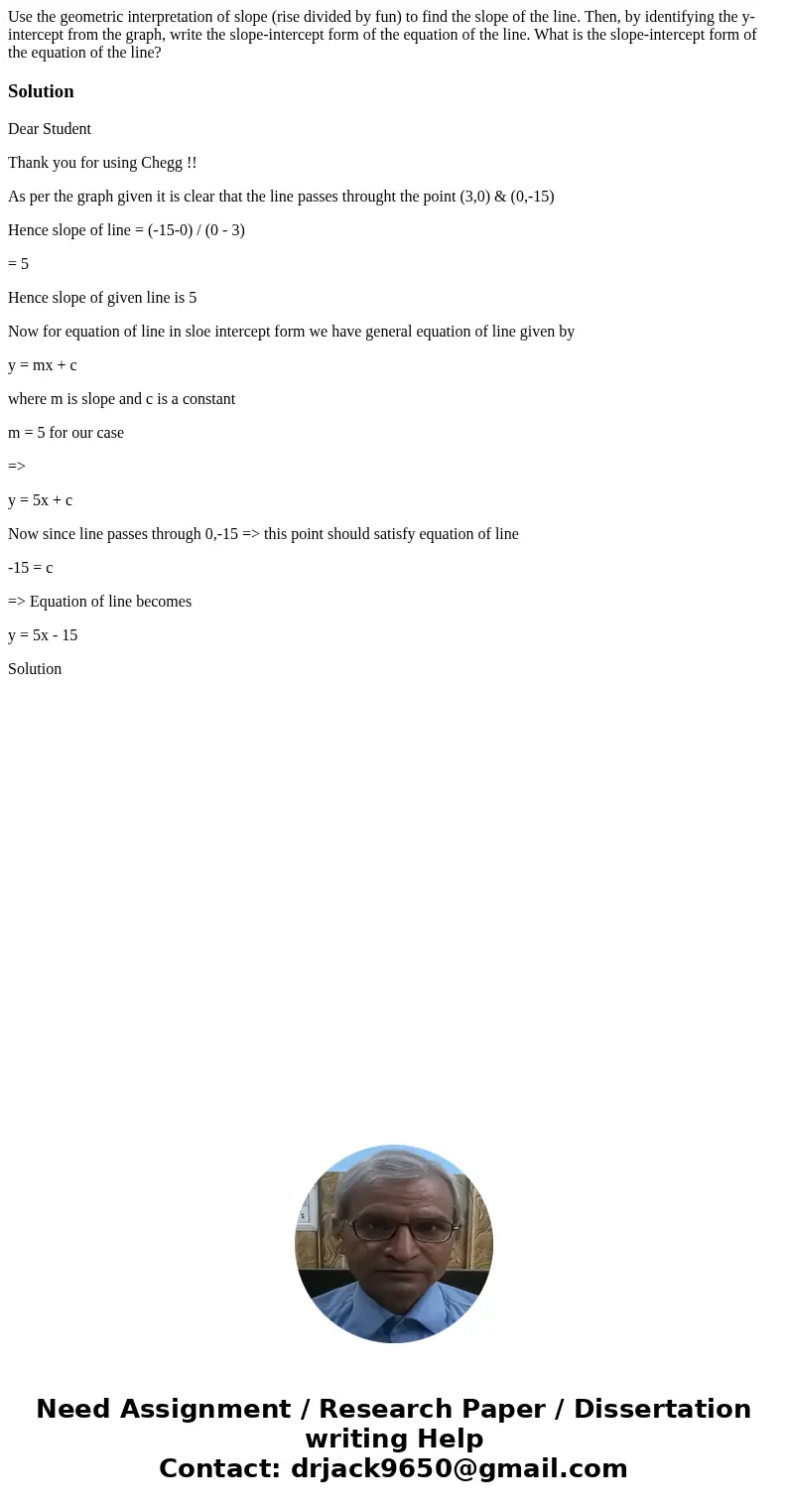 Use the geometric interpretation of slope (rise divided by fun) to find the slope of the line. Then, by identifying the y-intercept from the graph, write the s  Use the geometric interpretation of slope (rise divided by fun) to find the slope of the line. Then, by identifying the y-intercept from the graph, write the s