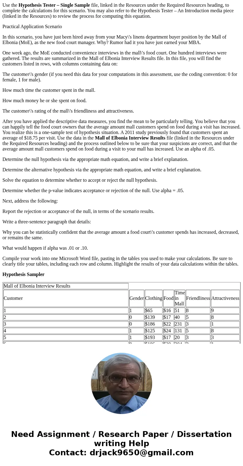 Use the Hypothesis Tester – Single Sample file, linked in the Resources under the Required Resources heading, to complete the calculations for this scenario. Yo