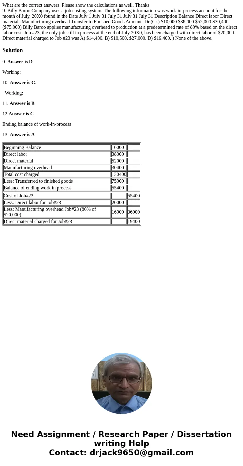 What are the correct answers. Please show the calculations as well. Thanks 9. Billy Baroo Company uses a job costing system. The following information was work- What are the correct answers. Please show the calculations as well. Thanks 9. Billy Baroo Company uses a job costing system. The following information was work-