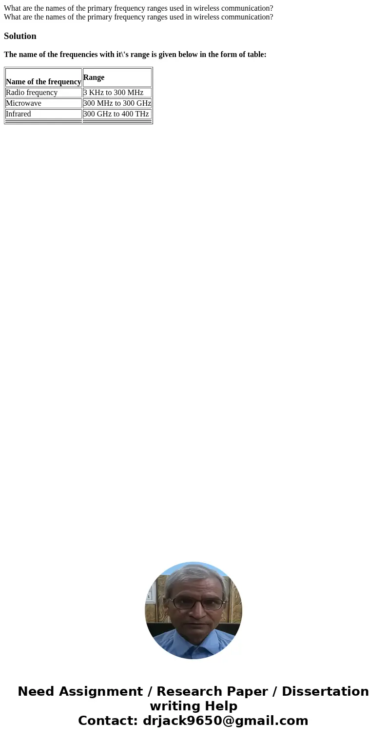 What are the names of the primary frequency ranges used in wireless communication? What are the names of the primary frequency ranges used in wireless communic  What are the names of the primary frequency ranges used in wireless communication? What are the names of the primary frequency ranges used in wireless communic
