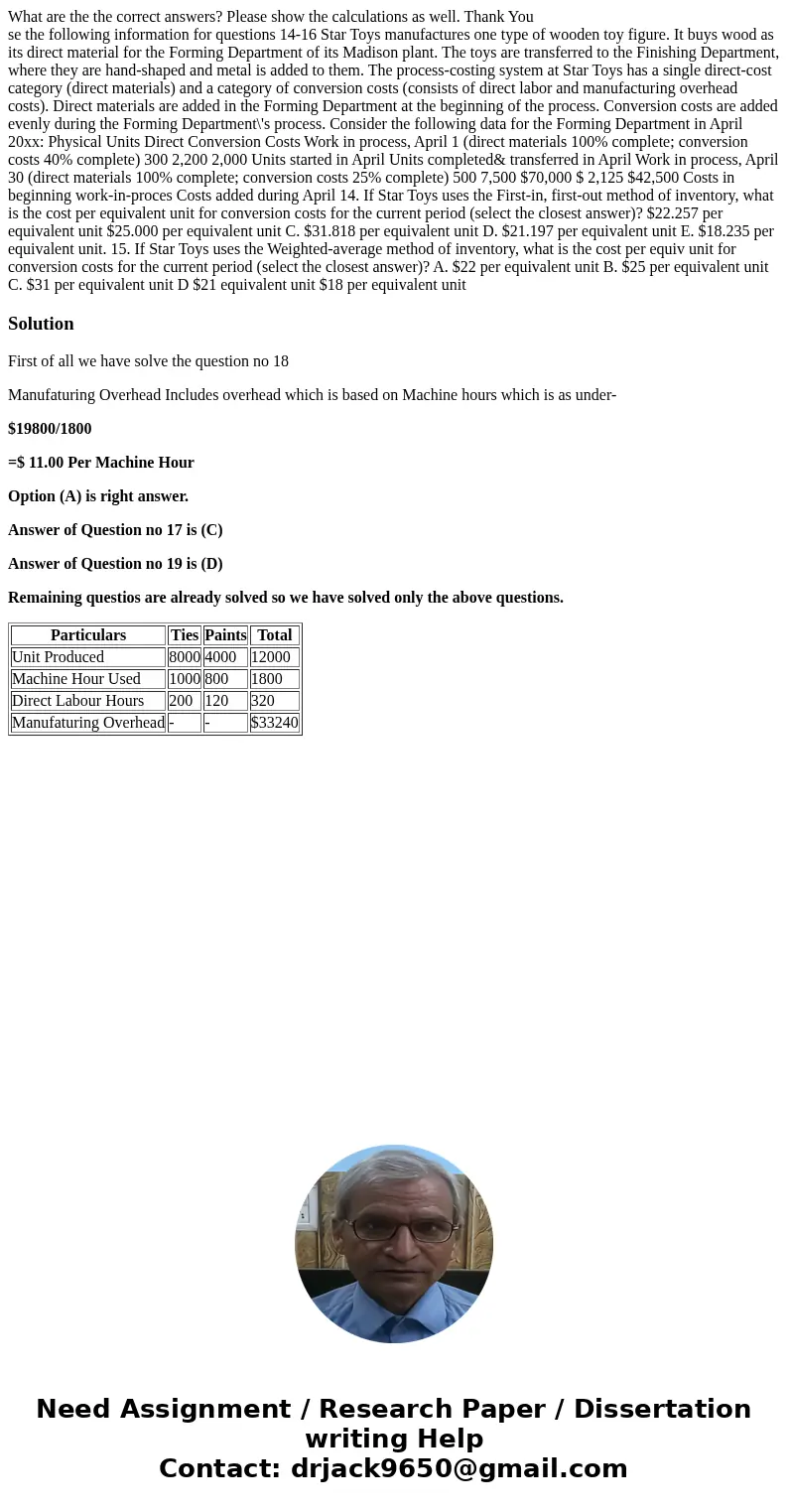 What are the the correct answers? Please show the calculations as well. Thank You se the following information for questions 14-16 Star Toys manufactures one ty What are the the correct answers? Please show the calculations as well. Thank You se the following information for questions 14-16 Star Toys manufactures one ty