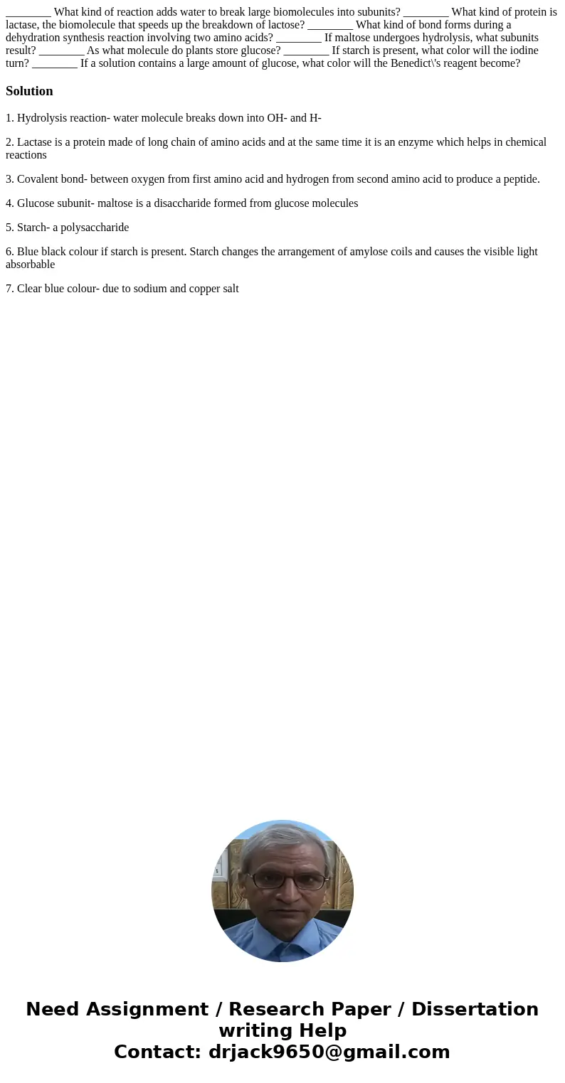 ________ What kind of reaction adds water to break large biomolecules into subunits? ________ What kind of protein is lactase, the biomolecule that speeds up t  ________ What kind of reaction adds water to break large biomolecules into subunits? ________ What kind of protein is lactase, the biomolecule that speeds up t